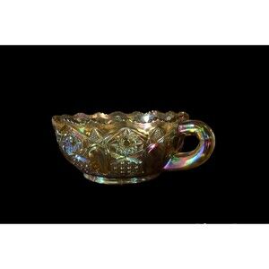 Vintage L.E. Smith Amber Marigold Iridescent Glass Quintec Pattern Nappy Handled